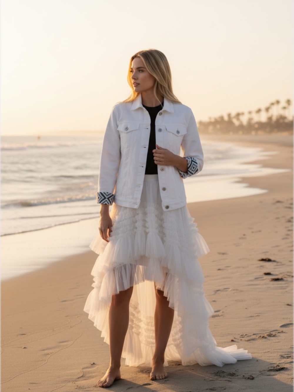 Levi's White Denim Jacket with Custom Embroidered Trim on Cuffs